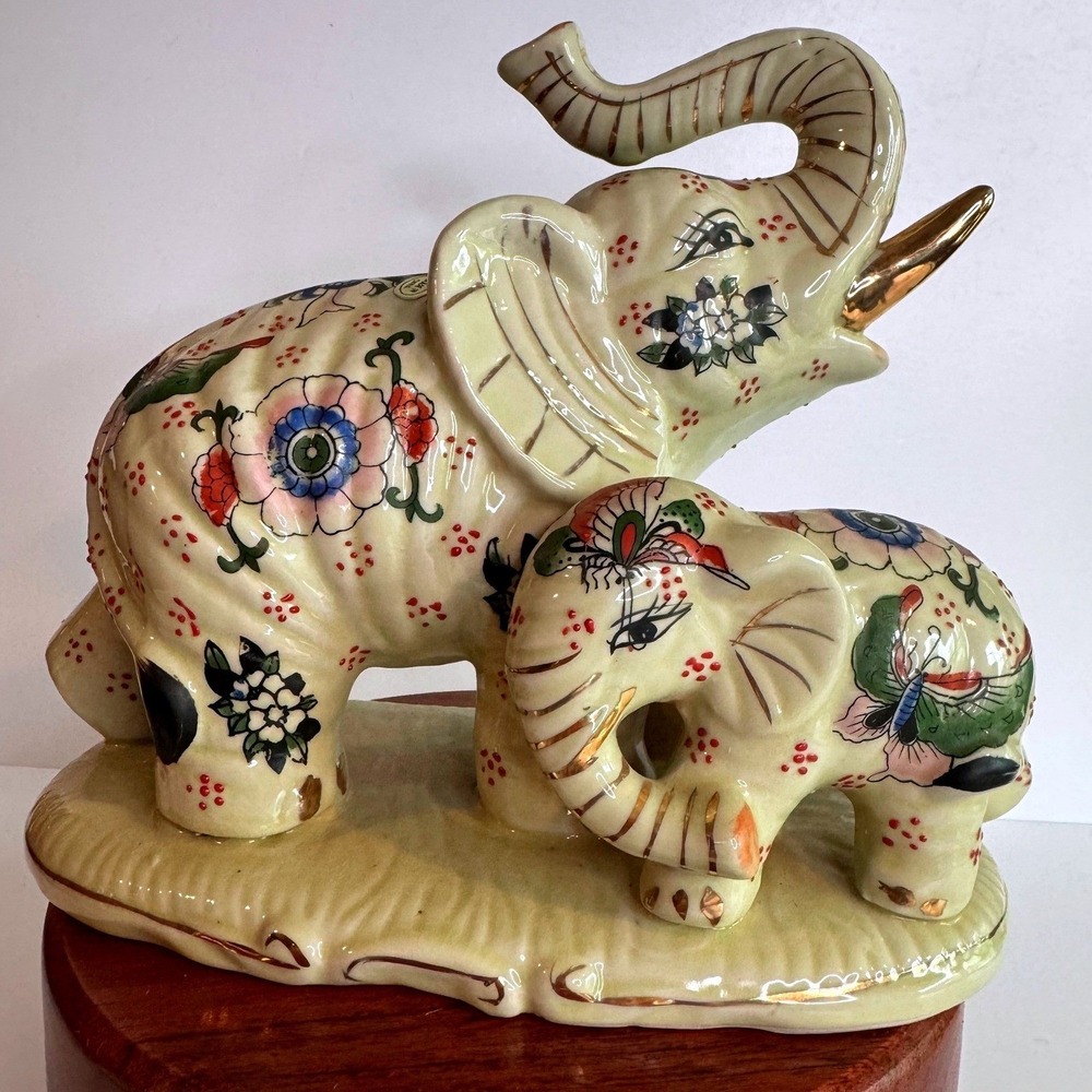 Vintage Hand Painted Elephant and Baby Figurine Floral Detail Ceramic Decor